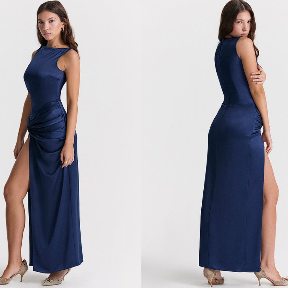 HOUSE OF CB 'Roxanne' Navy Thigh Slit Maxi Dress NWOT - Picture 5 of 10